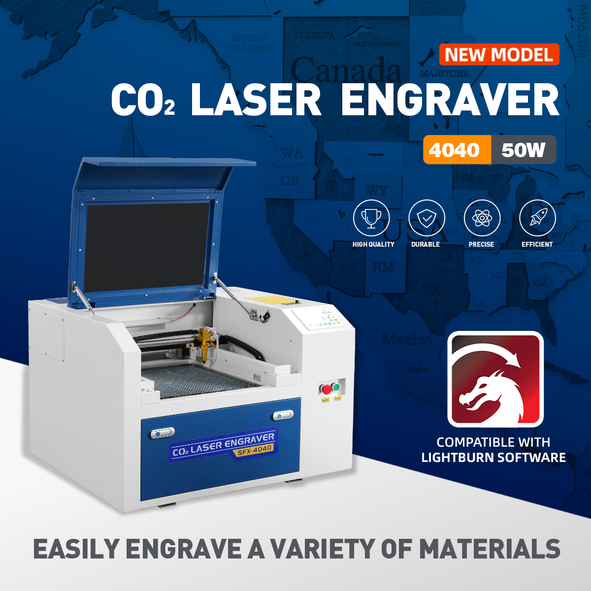 US Stock Lightburn Compatible 50W CO2 Laser Engraver Cutter Machine 16×16''(400*400mm) Workbed with RUIDA DSP Control Panel RDWorks V8